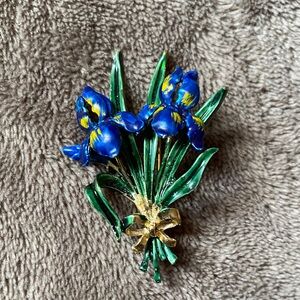 Vintage Enameled Gold Brooch with Blue and Green Accents
